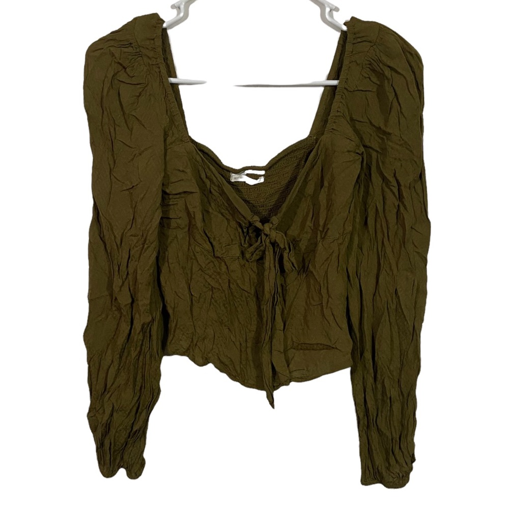 Urban Outfitters Olive Green Tie Front Long Sleeve Crop Top